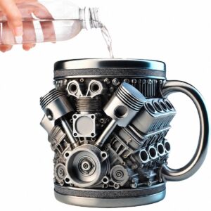 3D Engine Coffee Mug, Stainless Steel Racing Motor Mug Gift for Car Lovers, Men, Silver, 450 ml