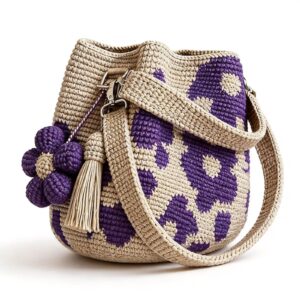 Handmade Crochet Flower Tote Bag for Women, Purse Boho Crochet Purse Crossbody Shoulder Beach Bag Daily Use Summer(Purple)