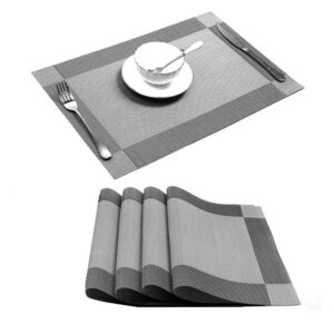 4Pcs PVC Woven Placemats Non Slip Heat Resistant Table Mats Washable Dining Mats - Silver