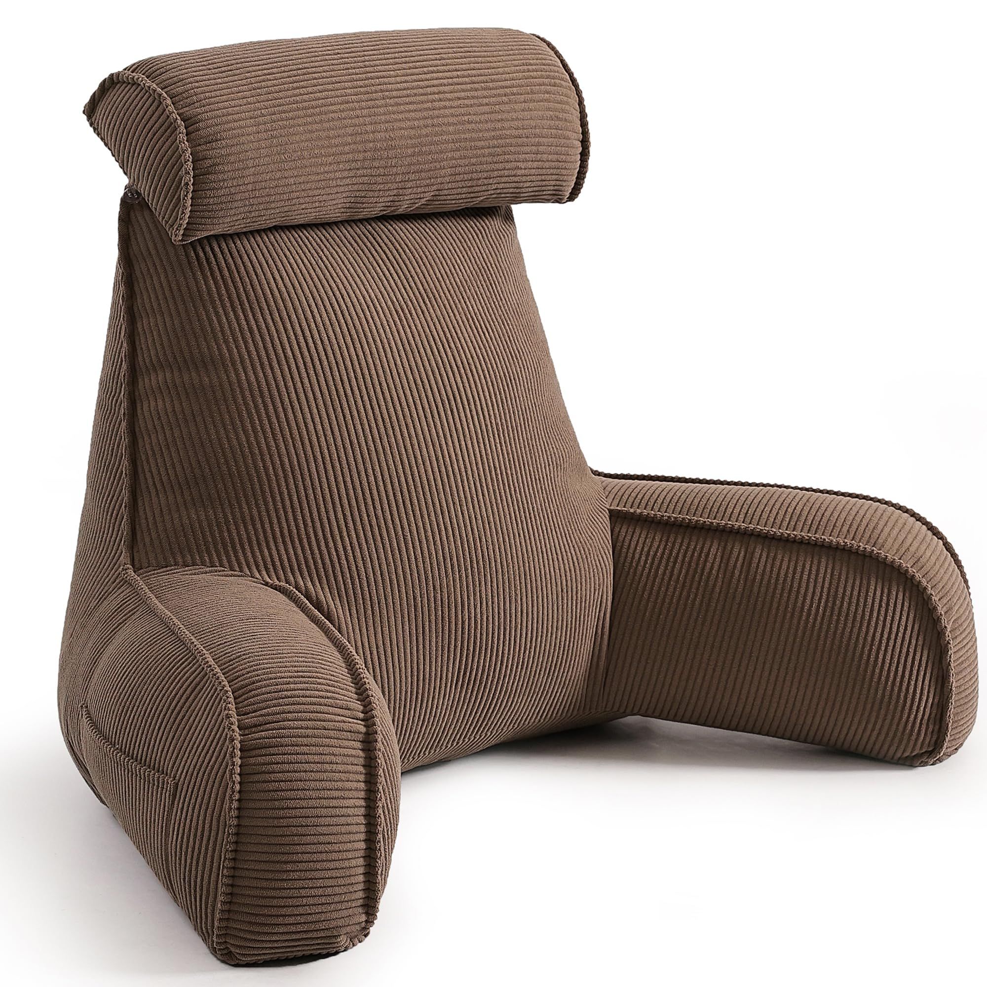 Bed Backrest Reading Pillow with Arms for Long Sitting, Gaming, and Relaxation, 80*40*60cm (Brown)