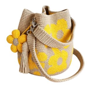 Handmade Crochet Flower Tote Bag for Women, Purse Boho Crochet Purse Crossbody Shoulder Beach Bag Daily Use Summer(Yellow)