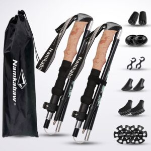 Black Folding Hiking Poles Pair - Lightweight Aluminum Trekking Poles - Adjustable 110-125cm Walking Sticks, Compact 32cm Foldable Hiking Gear with 6 types of hiking pole accessories