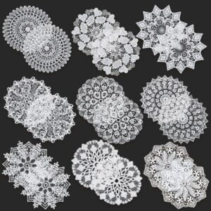 18-Piece White 5.5 Inch Geometric Embroidered Lace Coaster Set - Elegant Round Dining & Tea Table Mat Doily, 2 Pieces of 9 Styles