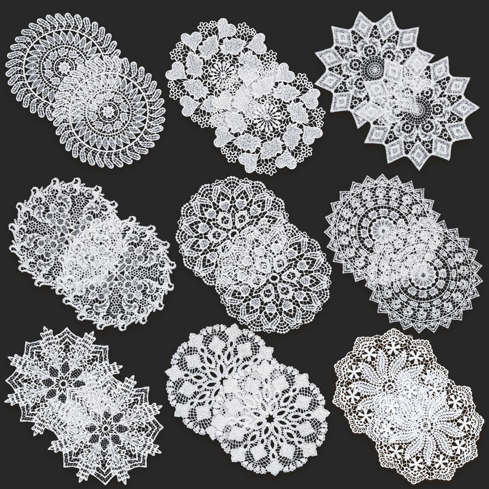 18-Piece White 5.5 Inch Geometric Embroidered Lace Coaster Set - Elegant Round Dining & Tea Table Mat Doily, 2 Pieces of 9 Styles