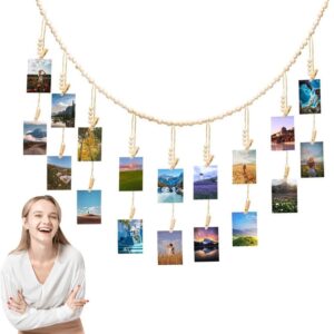 110 cm Wooden Bead Photo Garland with 18 Clips, Natural Boho Hanging Picture Display