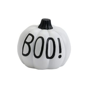 White "BOO!" Mini Resin Halloween Pumpkin Figurine - Spooky Home Decor for Tabletop, Shelf and Party Display