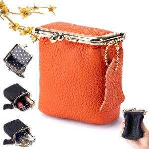 Mini Leather Makeup Bag, Portable Cosmetic Pouch with Kiss Lock Closure for Lipstick Perfume Jewelry and Coins, Travel Handbag, Orange