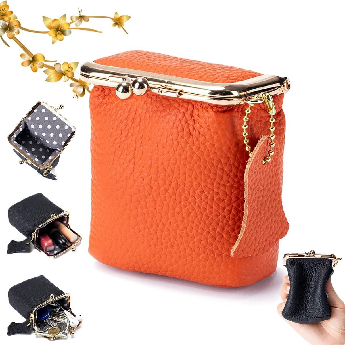 Mini Leather Makeup Bag, Portable Cosmetic Pouch with Kiss Lock Closure for Lipstick Perfume Jewelry and Coins, Travel Handbag, Orange