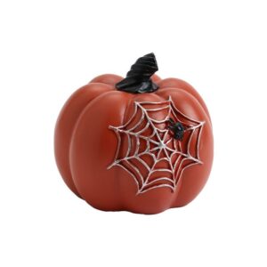 Orange Spiderweb Mini Resin Halloween Pumpkin Figurine - Spooky Home Decor for Tabletop, Shelf and Party Display