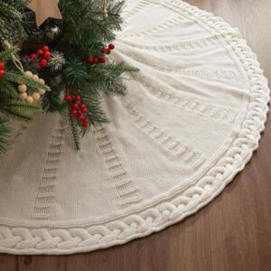 48 Inch Knitted Christmas Tree Skirt, Cable Knit Cream White Tree Skirt for 7.5ft Tree, Vintage Farmhouse Xmas Decoration