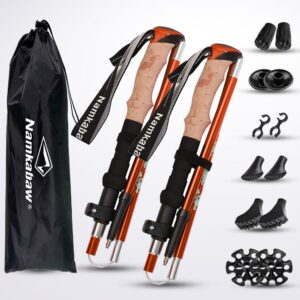Orange Folding Hiking Poles Pair - Lightweight Aluminum Trekking Poles - Adjustable 110-125cm Walking Sticks, Compact 32cm Foldable Hiking Gear with 6 types of hiking pole accessories
