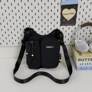 Women's Crossbody Phone Bag, Dopamine Color-Block Drawstring Bucket Bag, Pendant Accent Women's Backpack, Lightweight Casual Bag, Perfect for Commuting, Travel & Cycling.（black)