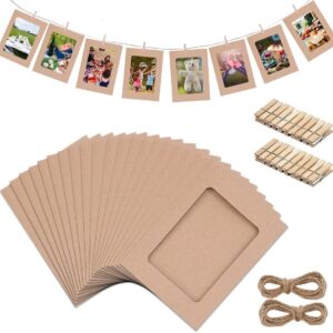 20-Pack 5-Inch Kraft Paper Photo Frames with Wooden Clips and Hanging Twine for Wall Displays and Events