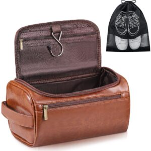 Leather Toiletry Bag for Men, Hanging Travel Wash Bag Organizer with 3 Compartments, Hook and Handle, Brown, 4.5L