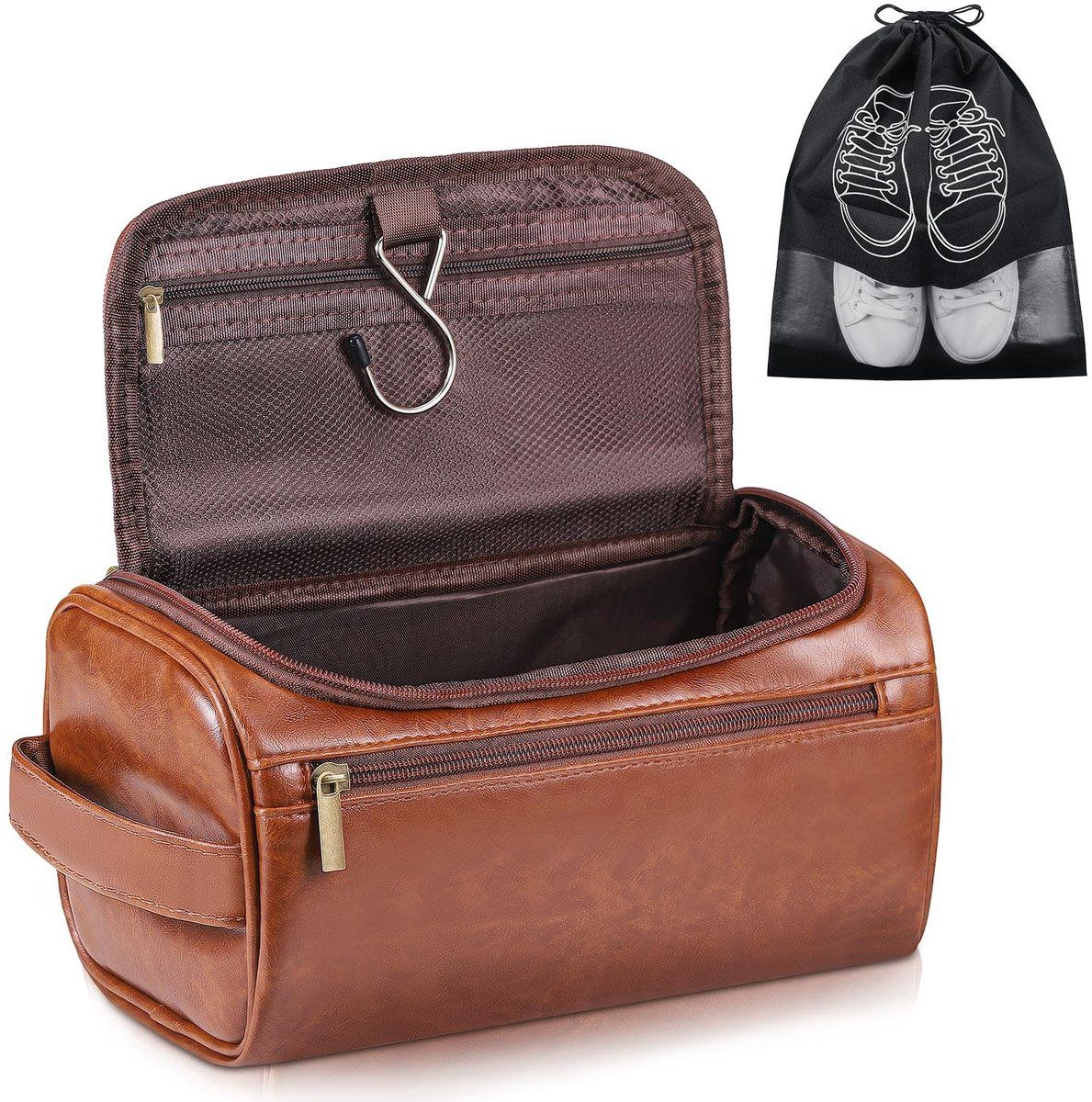 Leather Toiletry Bag for Men, Hanging Travel Wash Bag Organizer with 3 Compartments, Hook and Handle, Brown, 4.5L