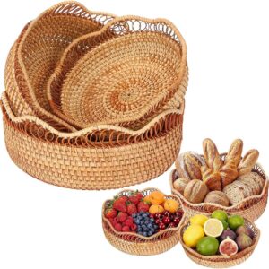 Handwoven Rattan Woven Basket Set of 3, Handmade Bread Serving Basket for Breakfast and Kitchen Table Decor, Natural Color, Small Medium Large
