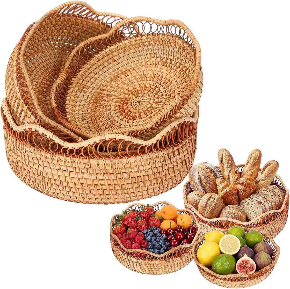 Handwoven Rattan Woven Basket Set of 3, Handmade Bread Serving Basket for Breakfast and Kitchen Table Decor, Natural Color, Small Medium Large