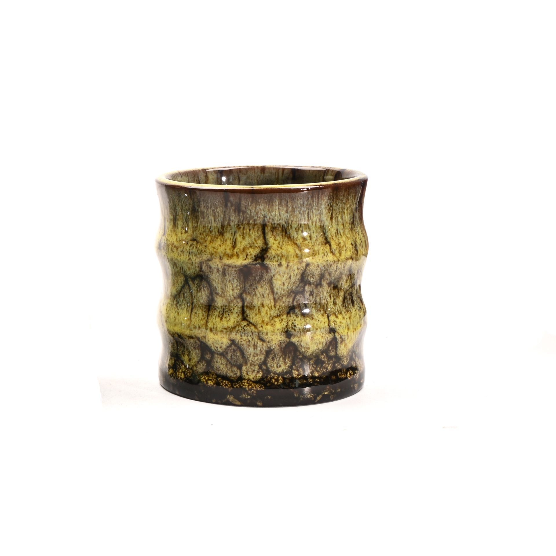 Retro Kiln Firing Ceramic Tasting Cup | Halloween Tableware Gift | Bamboo Joint Shape 115ml Olive‑Yellow Kiln‑Glaze Coffee Water Mug