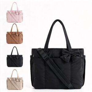 Women Large‑Capacity Bow Decor Tote Crossbody Bag Black 40x30x8CM, Casual Single‑Shoulder Travel Handbag, Christmas Outdoor Commute Shopping Carry‑All Purse