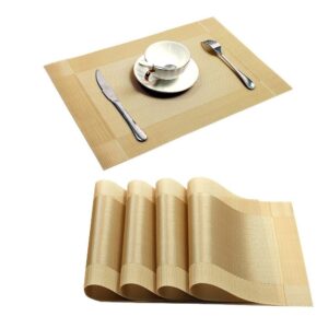 4Pcs PVC Woven Placemats Non Slip Heat Resistant Table Mats Washable Dining Mats - Gold