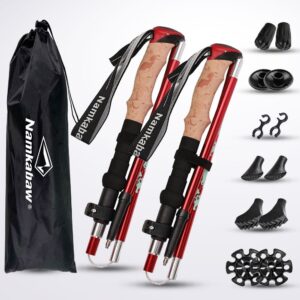Red Folding Hiking Poles Pair - Lightweight Aluminum Trekking Poles - Adjustable 110-125cm Walking Sticks, Compact 32cm Foldable Hiking Gear with 6 types of hiking pole accessories
