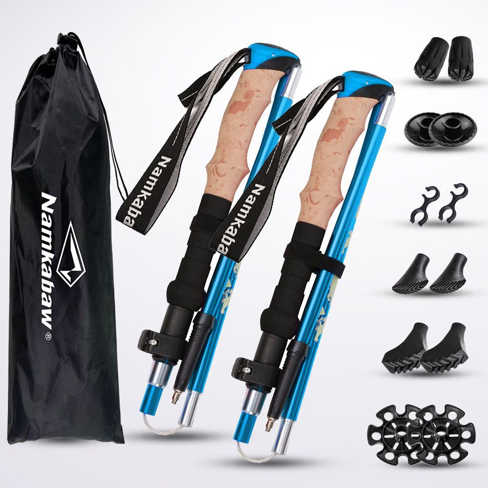 Blue Folding Hiking Poles Pair - Lightweight Aluminum Trekking Poles - Adjustable 110-125cm Walking Sticks, Compact 32cm Foldable Hiking Gear with 6 types of hiking pole accessories
