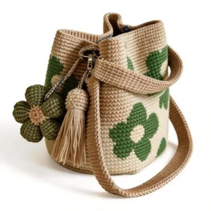 Handmade Crochet Flower Tote Bag for Women, Purse Boho Crochet Purse Crossbody Shoulder Beach Bag Daily Use Summer(Green)