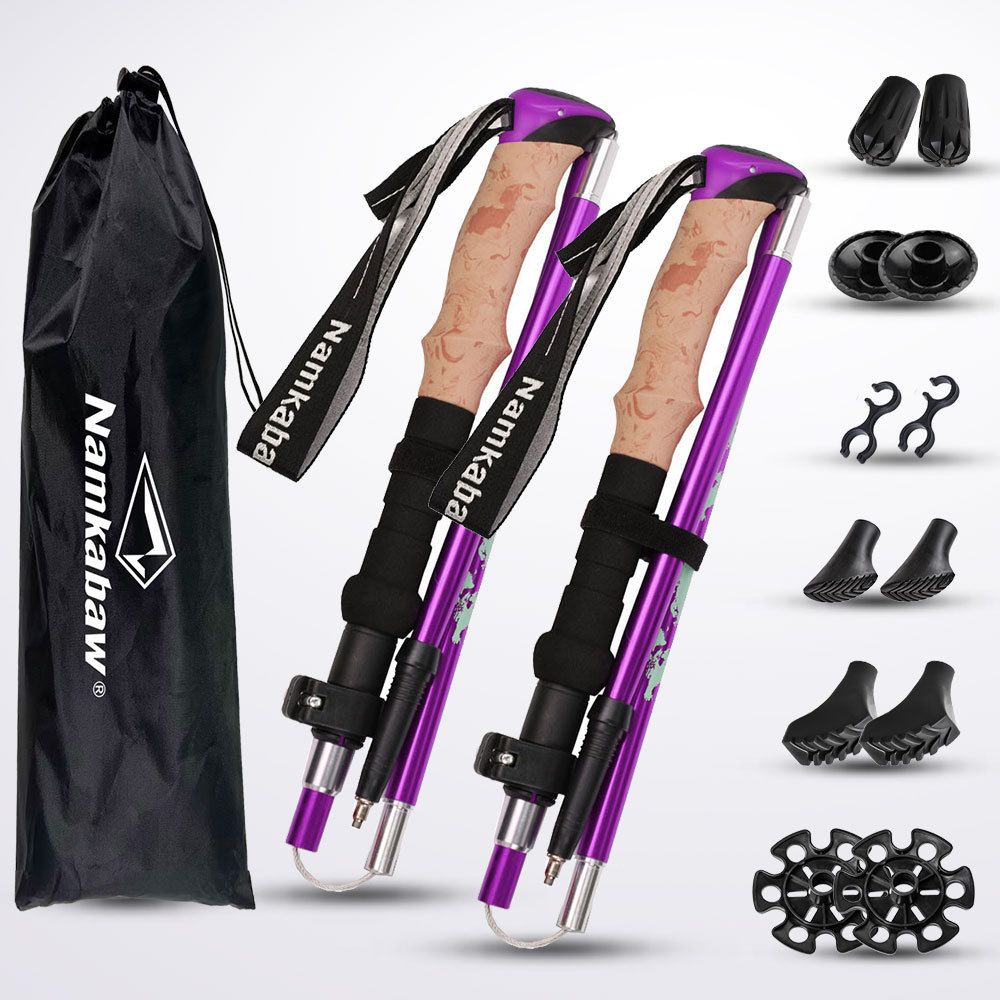 Purple Folding Hiking Poles Pair - Lightweight Aluminum Trekking Poles - Adjustable 110-125cm Walking Sticks, Compact 32cm Foldable Hiking Gear with 6 types of hiking pole accessories