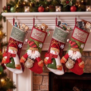 Jingle Jollys 4PCS Christmas Stockings Large 3D Plush Santa Snowman 43.5cm Christmas Decor for Family Holiday Christmas Party Decorations