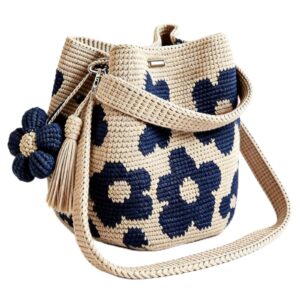 Handmade Crochet Flower Tote Bag for Women, Purse Boho Crochet Purse Crossbody Shoulder Beach Bag Daily Use Summer(Blue)