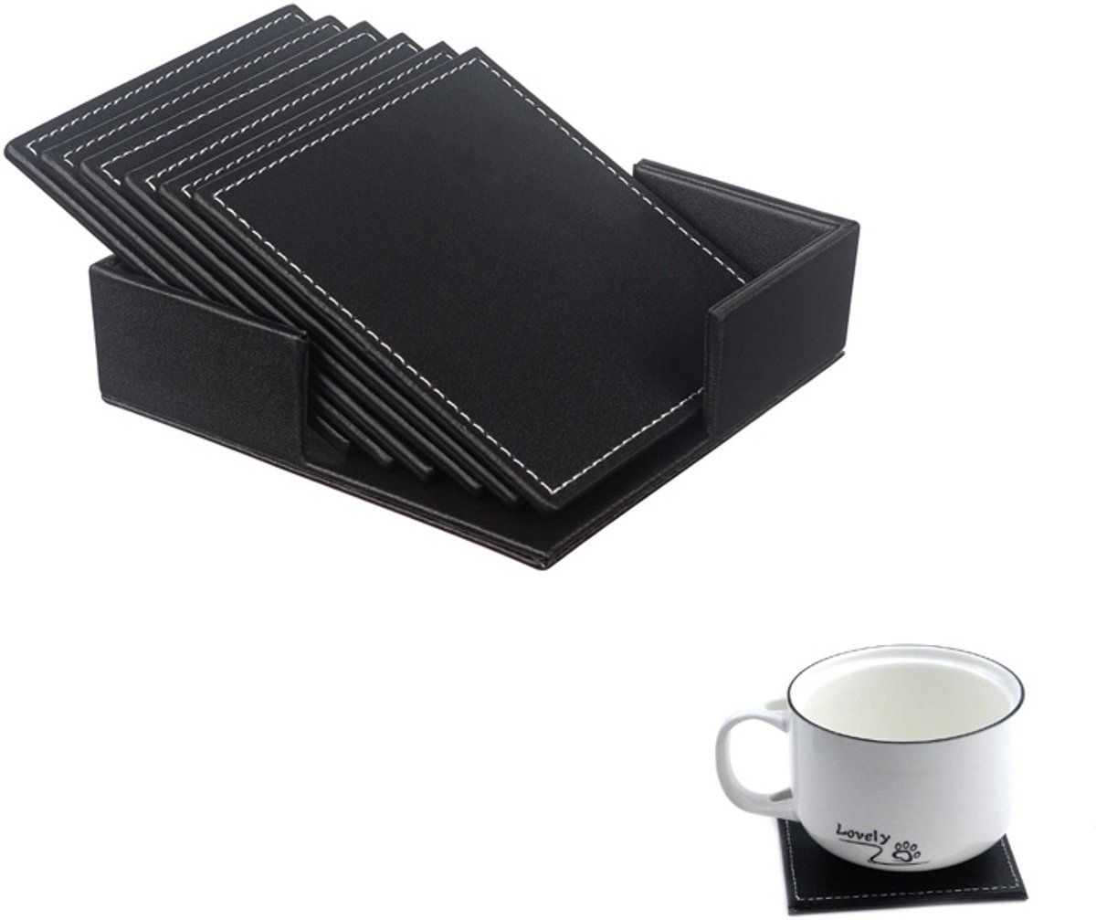 6 Piece Black Square Coaster Set with Tray, Non Slip Heat Resistant, 100 x 100 x 5 mm