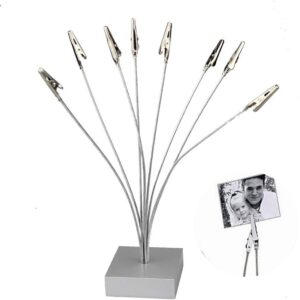 8-Branch Silver Metal Photo Clip Tree with Square Base for Pictures, Memos and Wedding Cards