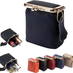 Mini Leather Makeup Bag, Compact Cosmetic Pouch with Kiss Lock Closure for Lipstick, Perfume and Jewelry, Black