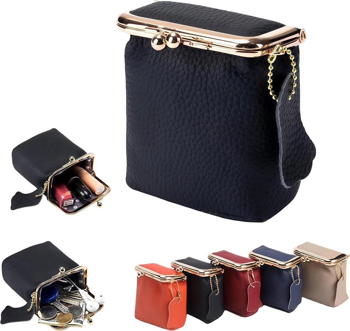 Mini Leather Makeup Bag, Compact Cosmetic Pouch with Kiss Lock Closure for Lipstick, Perfume and Jewelry, Black