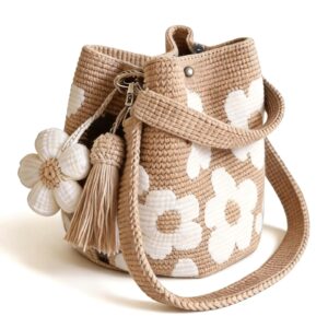 Handmade Crochet Flower Tote Bag for Women, Purse Boho Crochet Purse Crossbody Shoulder Beach Bag Daily Use Summer(White)
