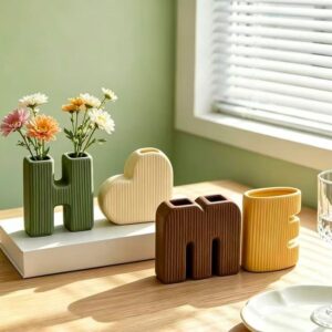 Creative Decorative Home Letter Shaped Ceramic Vase Set – Ribbed Texture, 4-Piece Set for Modern Home Decor, Living Room & Entryway(Green)