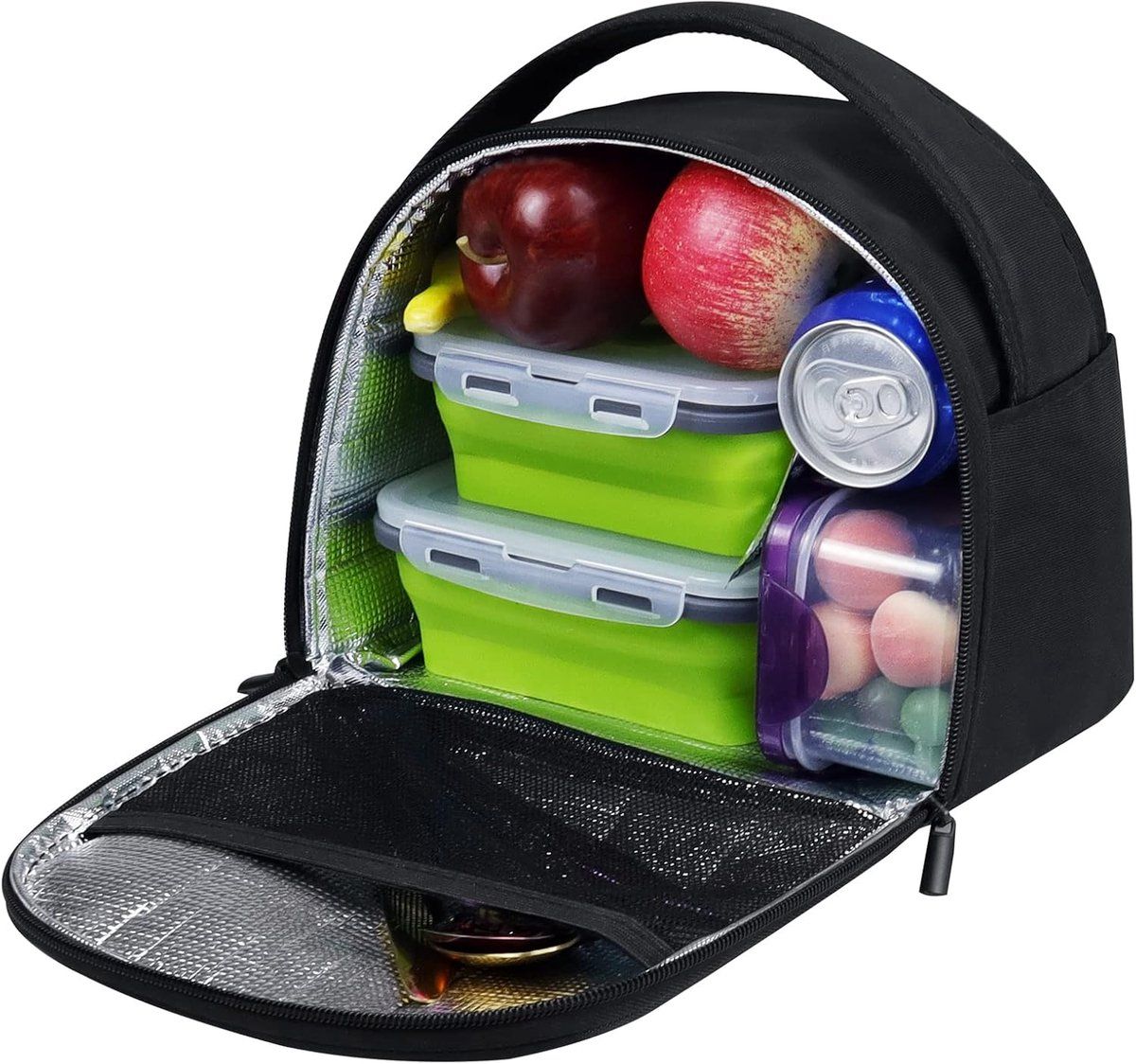 Insulated Lunch Bag for Women, Reusable Thermal Lunch Box Cooler Bag with Handle for Work, Picnic, Travel, Cute, Black