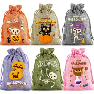 6 Pack Halloween Burlap Drawstring Bags - Assorted Printed Treat and Gift Pouches for Candy, Party Favours, Halloween Events and Seasonal Storage