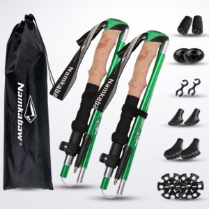 Green Folding Hiking Poles Pair - Lightweight Aluminum Trekking Poles - Adjustable 110-125cm Walking Sticks, Compact 32cm Foldable Hiking Gear with 6 types of hiking pole accessories